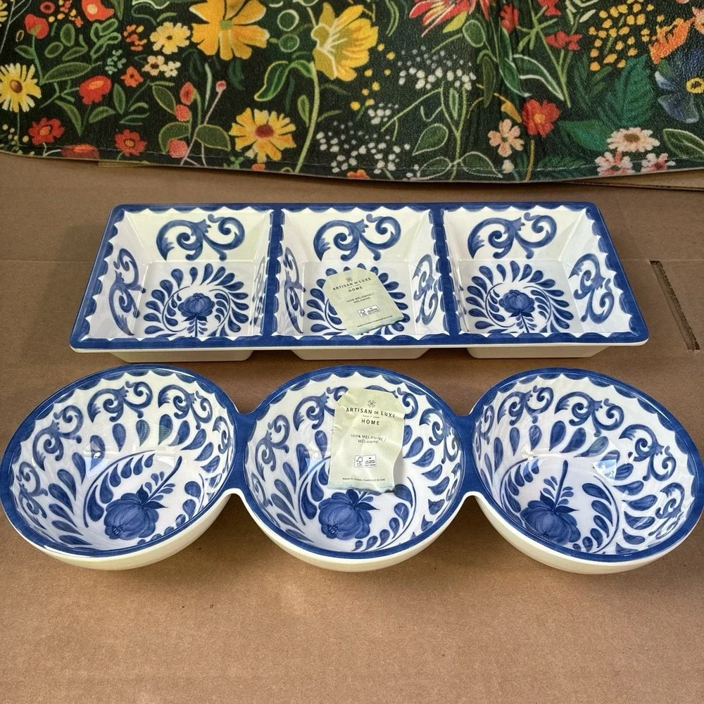 Artisan De Luxe Set Of 2 Melamine Blue Rose Scroll 3-Section Serving Trays NEW